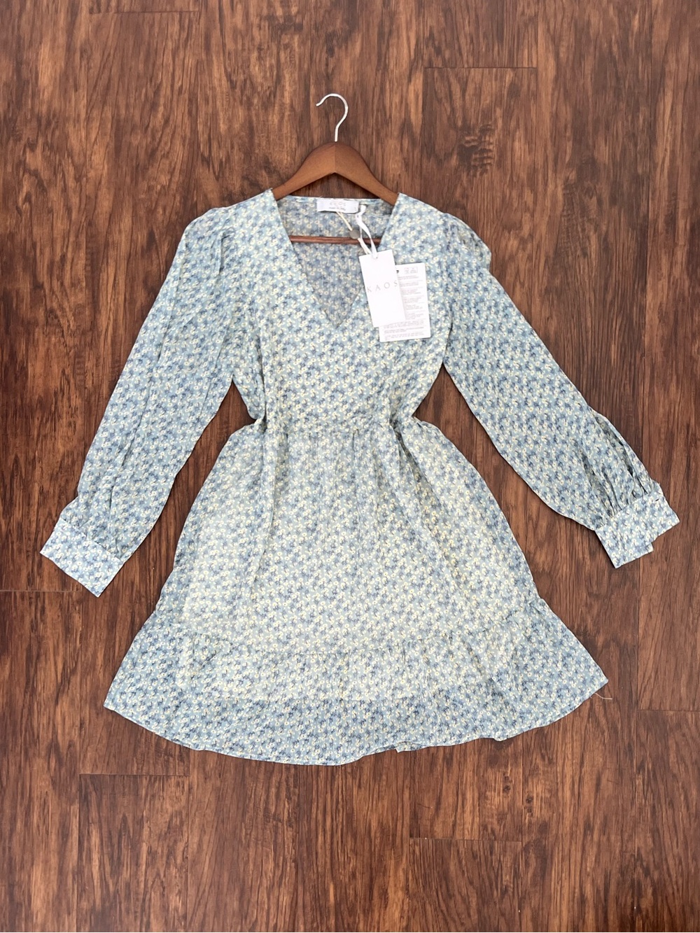 Kaos, Blue Cream Floral V-Neck, Mini Summer Dress, with Silver Gold Accents